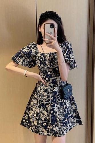 French floral dress women's summer  new ladylike temperament slim retro square neck puff sleeve skirt