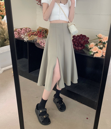 Summer 2024 new design niche solid color mid-length high-waisted slim A-line skirt