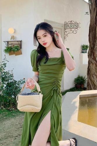 French 2024 new summer dress, elegant tea break design, green waist slimming mid-length skirt