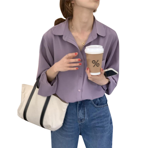 Korean style purple long-sleeved chiffon shirt women's design niche spring and autumn casual lazy commuting drape top