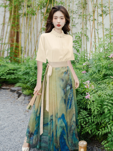 Real shot, ready-made national style horse face skirt, skirt, Hanfu, female adult national style cheongsam top, new Chinese suit
