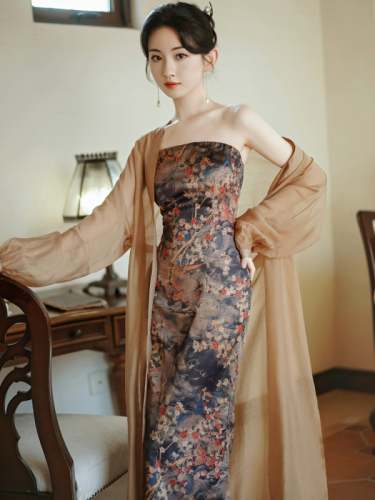 Real shot of new Chinese style Chinese style Zen retro fragrant cloud satin tube top dress Zen skirt cardigan