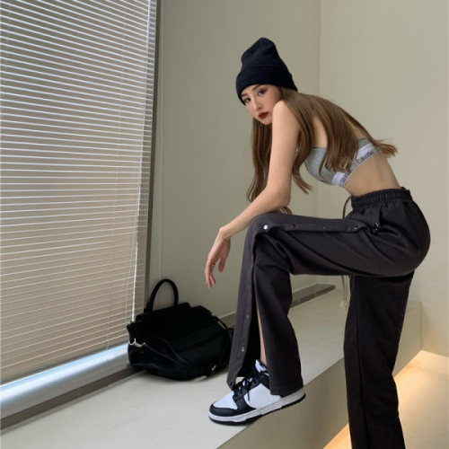 European and American hot girls side-breasted trousers, loose straight button casual sports pants, high street style sweatpants, same style for men and women