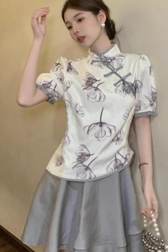 New Chinese style improved cheongsam, retro Hepburn style French puff sleeve top + high waisted tutu skirt two-piece set