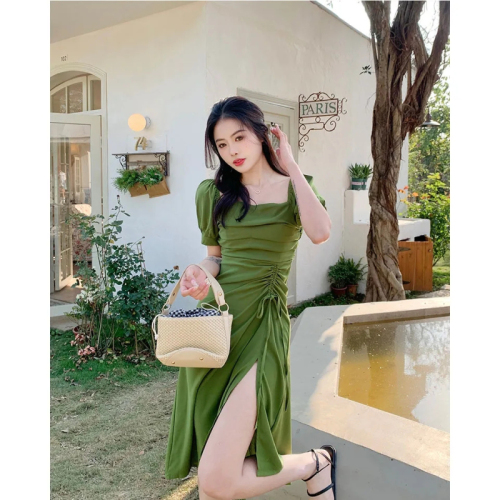 French 2024 new summer dress, elegant tea break design, green waist slimming mid-length skirt