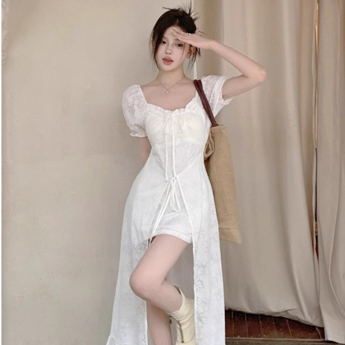 2024 new style French style tea break seaside vacation lace-up jacquard short-sleeved long skirt