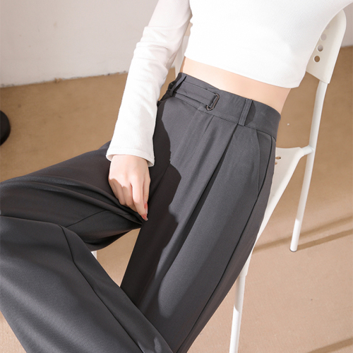 Gray straight-leg suit trousers for women, autumn high-end design floor-length trousers, loose high-waist drapey wide-leg trousers