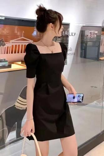 S-3XL Hepburn style little black dress for women summer new French retro square collar mid-length puff sleeve dress