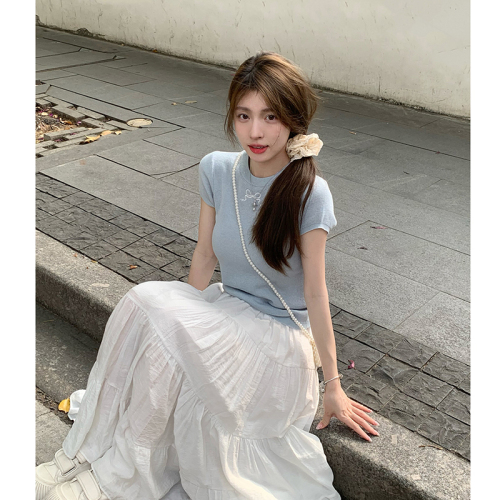 Designed bow hollow backless front shoulder short-sleeved T-shirt women's summer Korean style chic and beautiful thin top