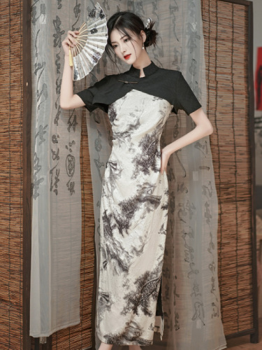 Actual shot of new Chinese style ink printing improved cheongsam two-piece set