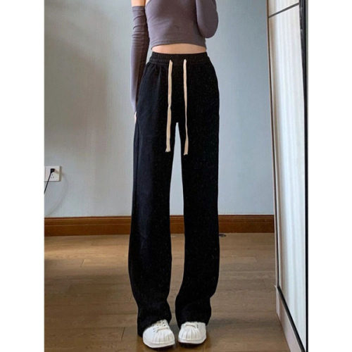 Black wide-leg pants for women in spring and autumn slimming high-waisted floor-length casual pants straight-leg loose drawstring sports pants trendy