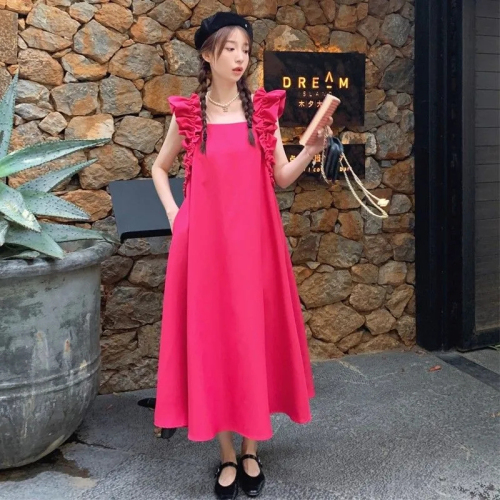 2024 Summer French Square Neck Rose Red Small Flying Sleeve Dress Loose A-Line Slimming Drape Long Skirt