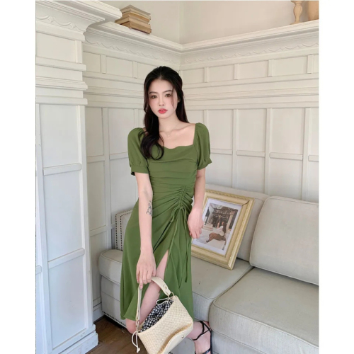 French 2024 new summer dress, elegant tea break design, green waist slimming mid-length skirt