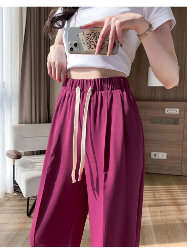 Dragon fruit color ice silk wide-leg pants for women, high waist and drape, loose casual suit pants for small people, summer thin style