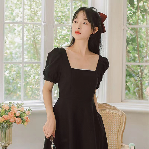 S-3XL Hepburn style little black dress for women summer new French retro square collar mid-length puff sleeve dress