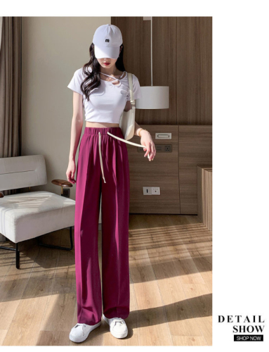 Dragon fruit color ice silk wide-leg pants for women, high waist and drape, loose casual suit pants for small people, summer thin style