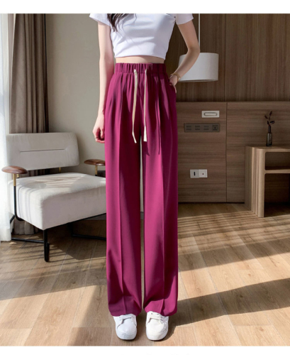 Dragon fruit color ice silk wide-leg pants for women, high waist and drape, loose casual suit pants for small people, summer thin style