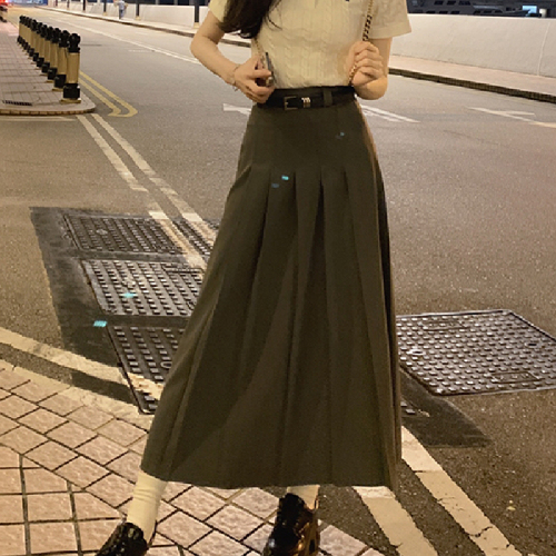 Belted suit pleated skirt summer new college style mid-length a-line skirt