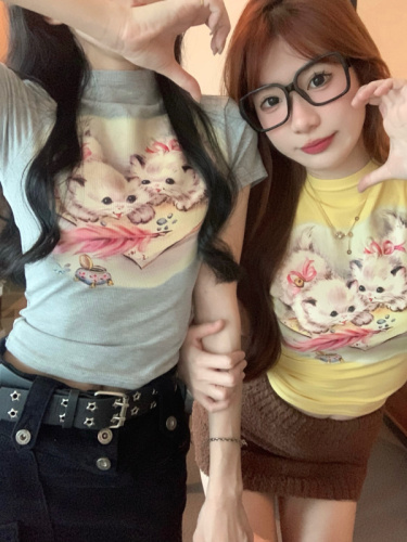 Real shot and real price three-color non-glue white ink printed cat T-shirt elastic fabric skin-friendly and comfortable short-sleeved summer
