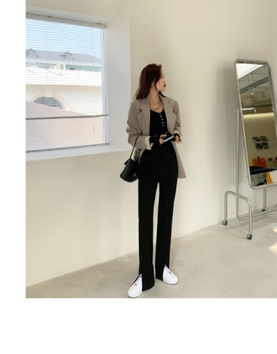 Black floor-length trousers, loose, irregular, high-waisted, slim, straight-leg suit trousers with slits, thin summer style for women