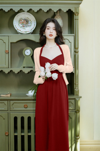 Spot high-end retro knitted dress + small shawl suit three colors