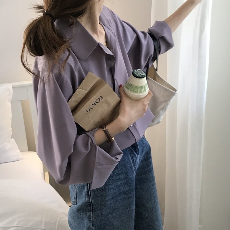 Korean style purple long-sleeved chiffon shirt women's design niche spring and autumn casual lazy commuting drape top