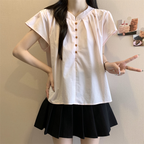 Actual shot and real price~Ready stock~Sweet Korean button-down round-neck short-sleeved shirt and elegant top~