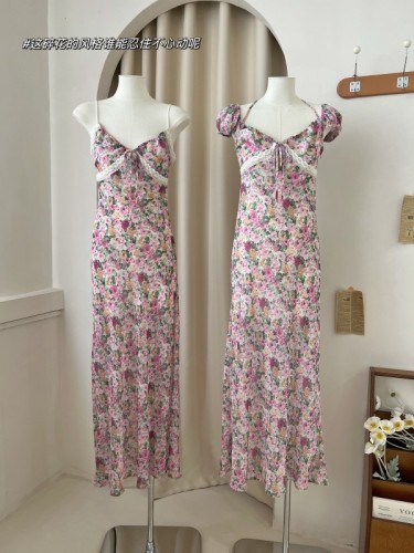 CallmeEar//Midsummer Night's Dream floral suspender dress women's waist slimming short-sleeved long dress summer