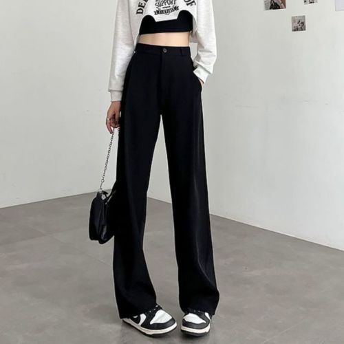 Gray suit trousers for women in spring and autumn, high-waisted, slim, high-end, drapey casual trousers, summer straight floor-length wide-leg trousers