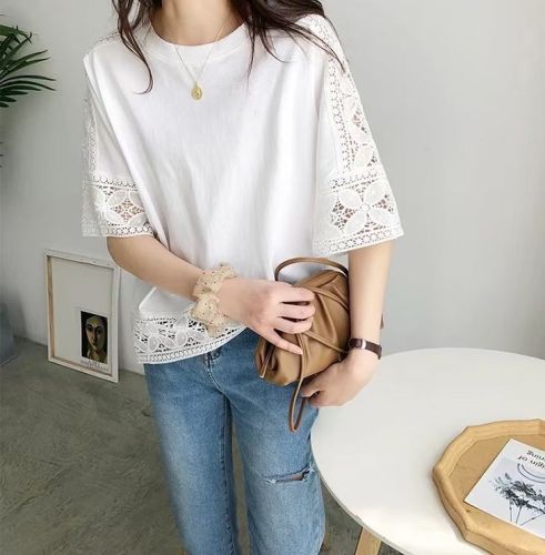 Embroidered Hollow Top Summer Women's Thin Retro Design Niche Korean Version Versatile Short Sleeve Shirt Western Style Lace Shirt