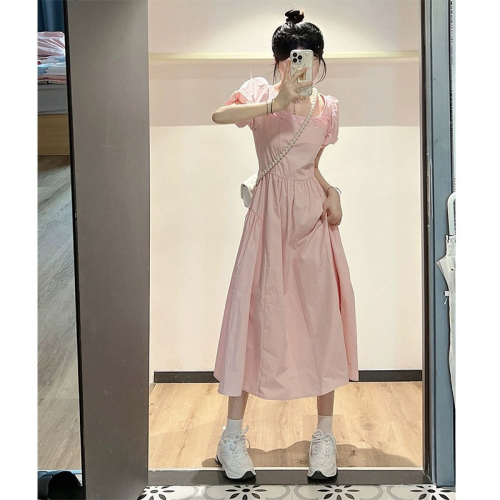 French first love milky sweet pink dress summer gentle style waist slimming puff sleeves sweet age-reducing long skirt for women