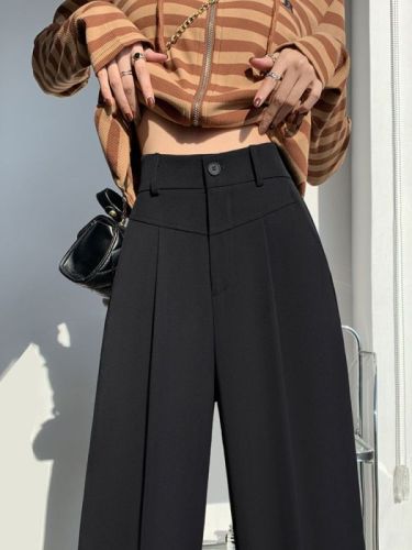 Khaki high-waisted wide-leg pants for women in spring and autumn loose straight pants drapey floor-length pants non-standard casual suit pants