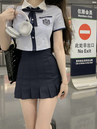 Actual shot and real price ~ New Korean style uniform, college style suit, blue short-sleeved shirt, cute school girl two-piece set for women