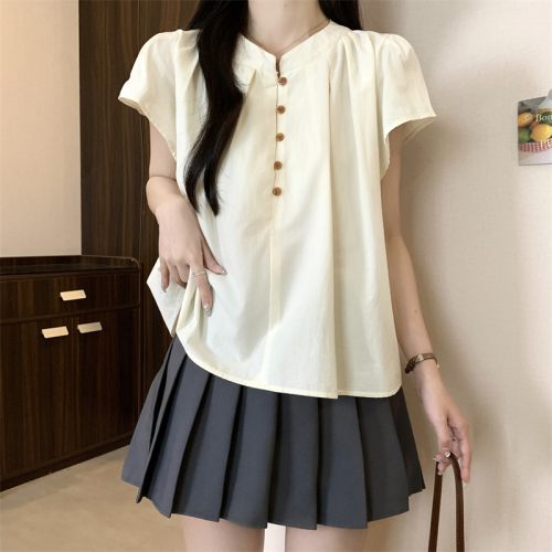 Actual shot and real price~Ready stock~Sweet Korean button-down round-neck short-sleeved shirt and elegant top~