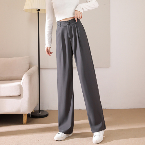 Gray straight-leg suit trousers for women, autumn high-end design floor-length trousers, loose high-waist drapey wide-leg trousers