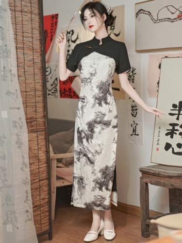 Actual shot of new Chinese style ink printing improved cheongsam two-piece set