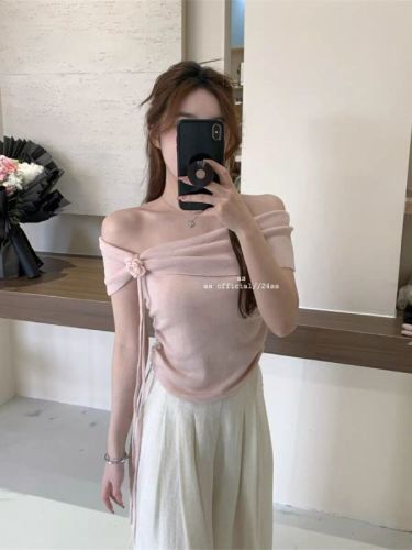 Pure lust style hot girl braided rose one-shoulder short-sleeved T-shirt for women summer design pinch waist slimming knitted top