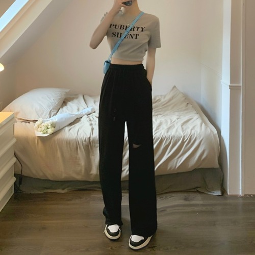 Lazy pants Faerjia Korean custom wide-leg sweatpants high-waisted ripped pants sports casual pants for women summer