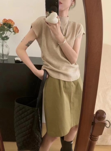 BB23 early autumn new style drawstring waist slimming bottoming shirt simple and versatile casual short-sleeved half-high collar sleeved pullover