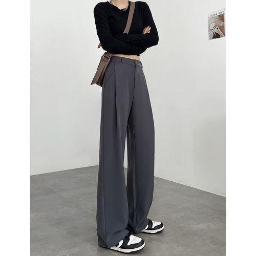 Gray suit trousers for women in spring and autumn, high-waisted, slim, high-end, drapey casual trousers, summer straight floor-length wide-leg trousers