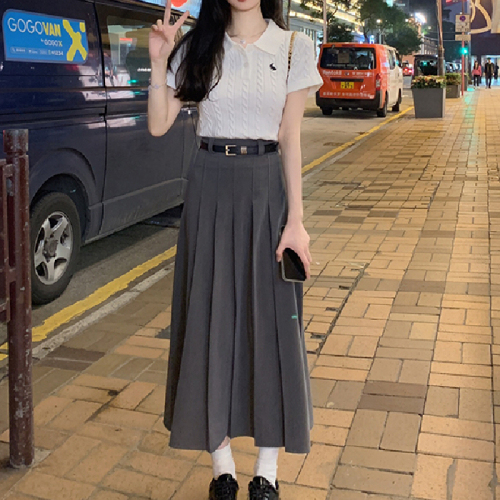 Belted suit pleated skirt summer new college style mid-length a-line skirt