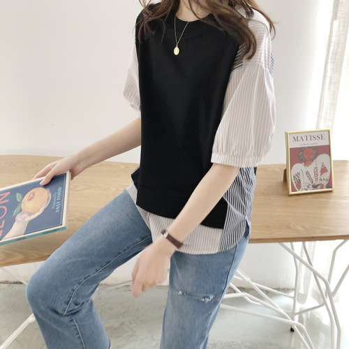 Retro design niche short-sleeved shirt Korean version pure versatile loose splicing shirt for women