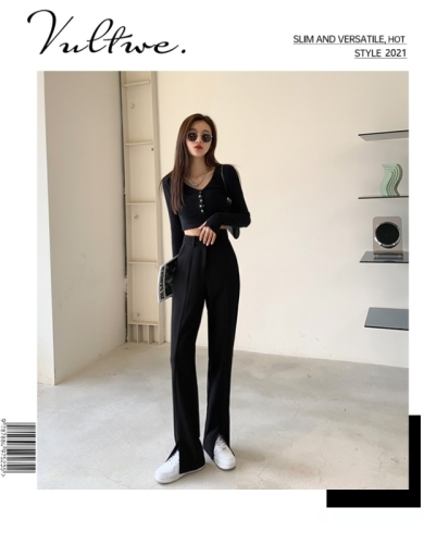 Black floor-length trousers, loose, irregular, high-waisted, slim, straight-leg suit trousers with slits, thin summer style for women