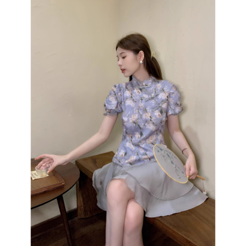 New Chinese style improved cheongsam, retro Hepburn style French puff sleeve top + high waisted tutu skirt two-piece set