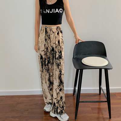 Ink tie-dye pants for women, summer chiffon floor-length pants, wide-leg pants for women, high-waisted drape overalls, summer thin, smudge-dyed pants