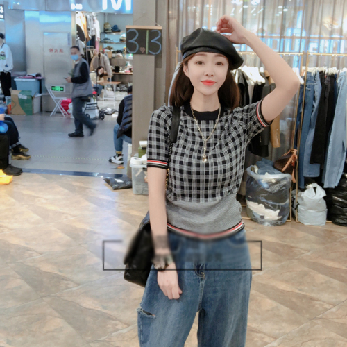  new summer plaid fake two-piece short-sleeved sweater tops