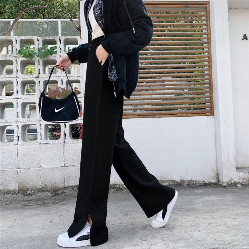 Gray wide-leg pants for women 2023 new spring and autumn Korean version loose slit casual straight leg mopping pants casual trousers