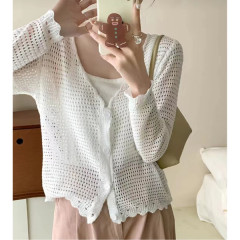 Spring and Autumn 2023 new style hollow knitted cardigan, versatile V-neck long-sleeved outer sun protection shirt, simple solid color jacket