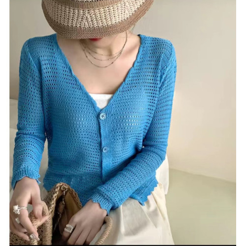 Spring and Autumn 2023 new style hollow knitted cardigan, versatile V-neck long-sleeved outer sun protection shirt, simple solid color jacket