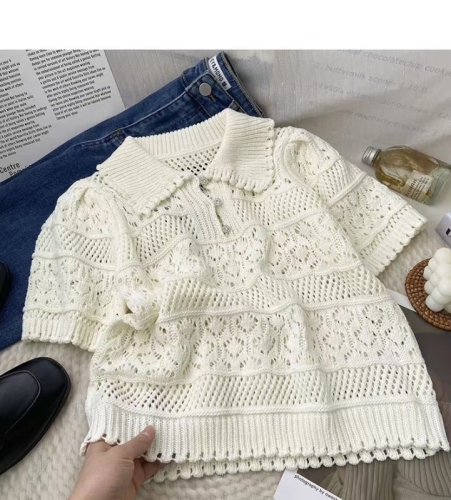 2023 Hollow White Polo Neck Knitted Top Loose Thin Handmade Crocheted Knitted Sweater